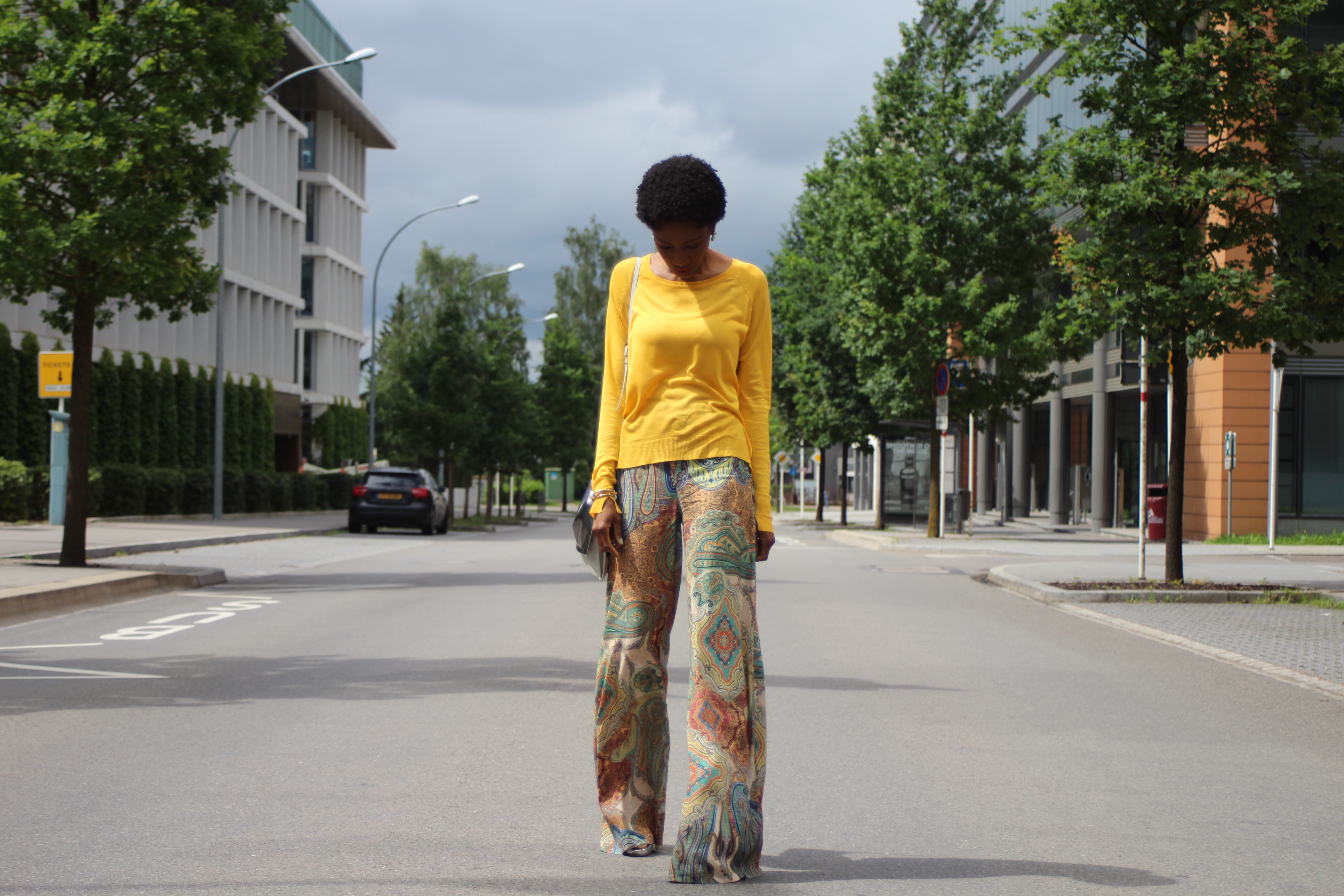 yellow sweater printed palazzos