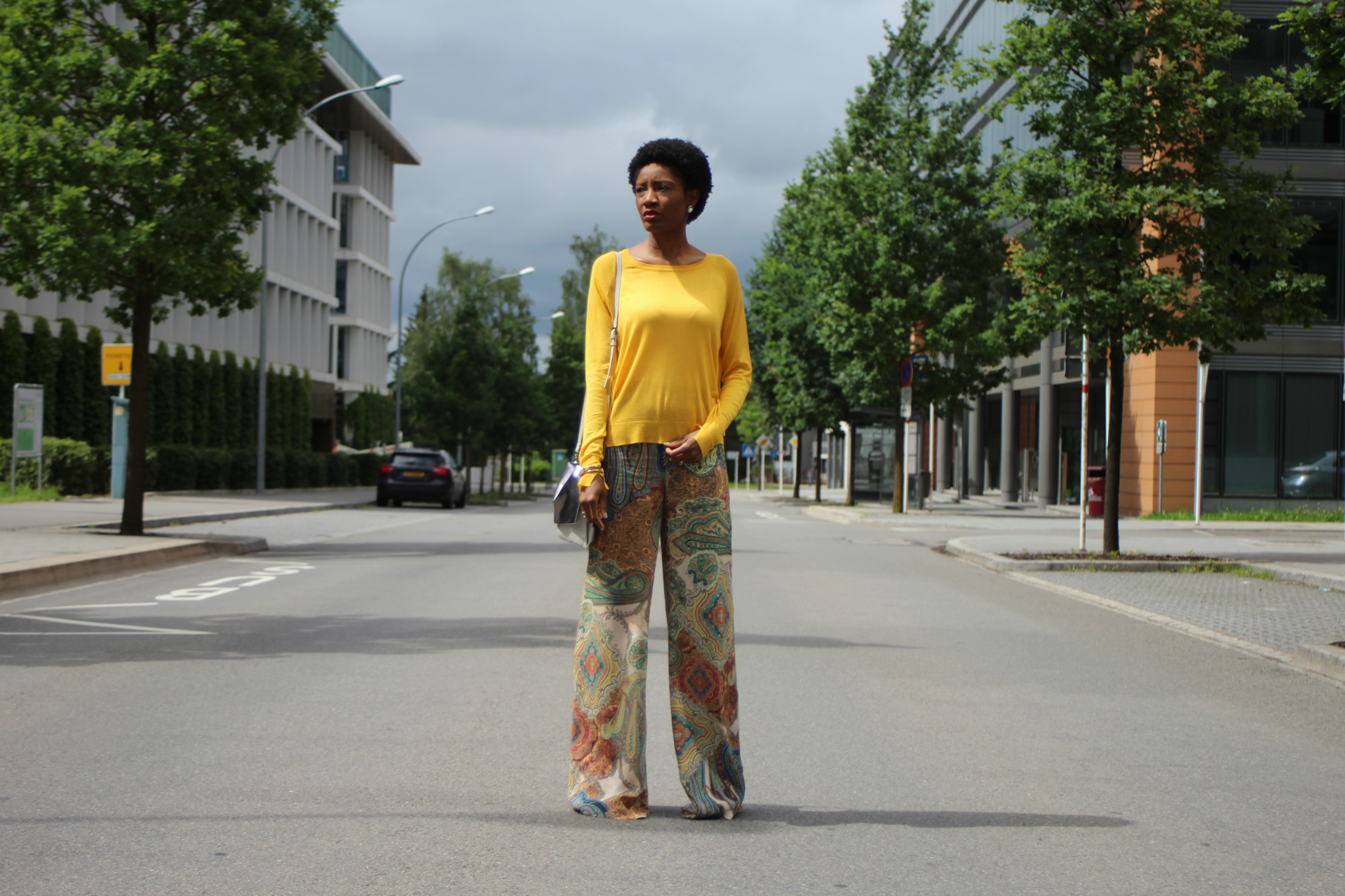 yellow sweater printed palazzos