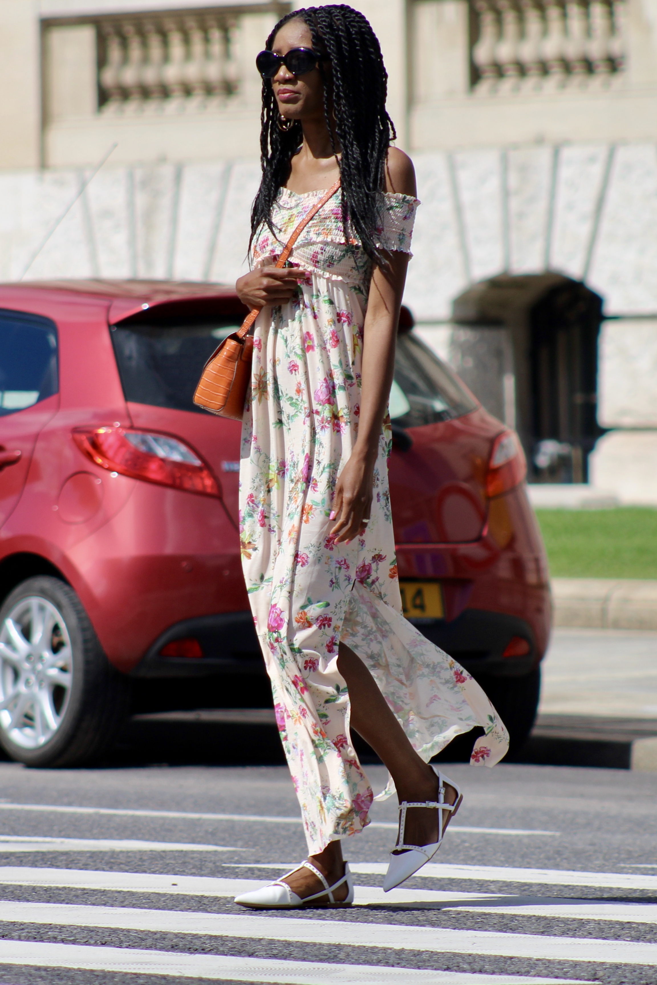 summer florals white flats outfit