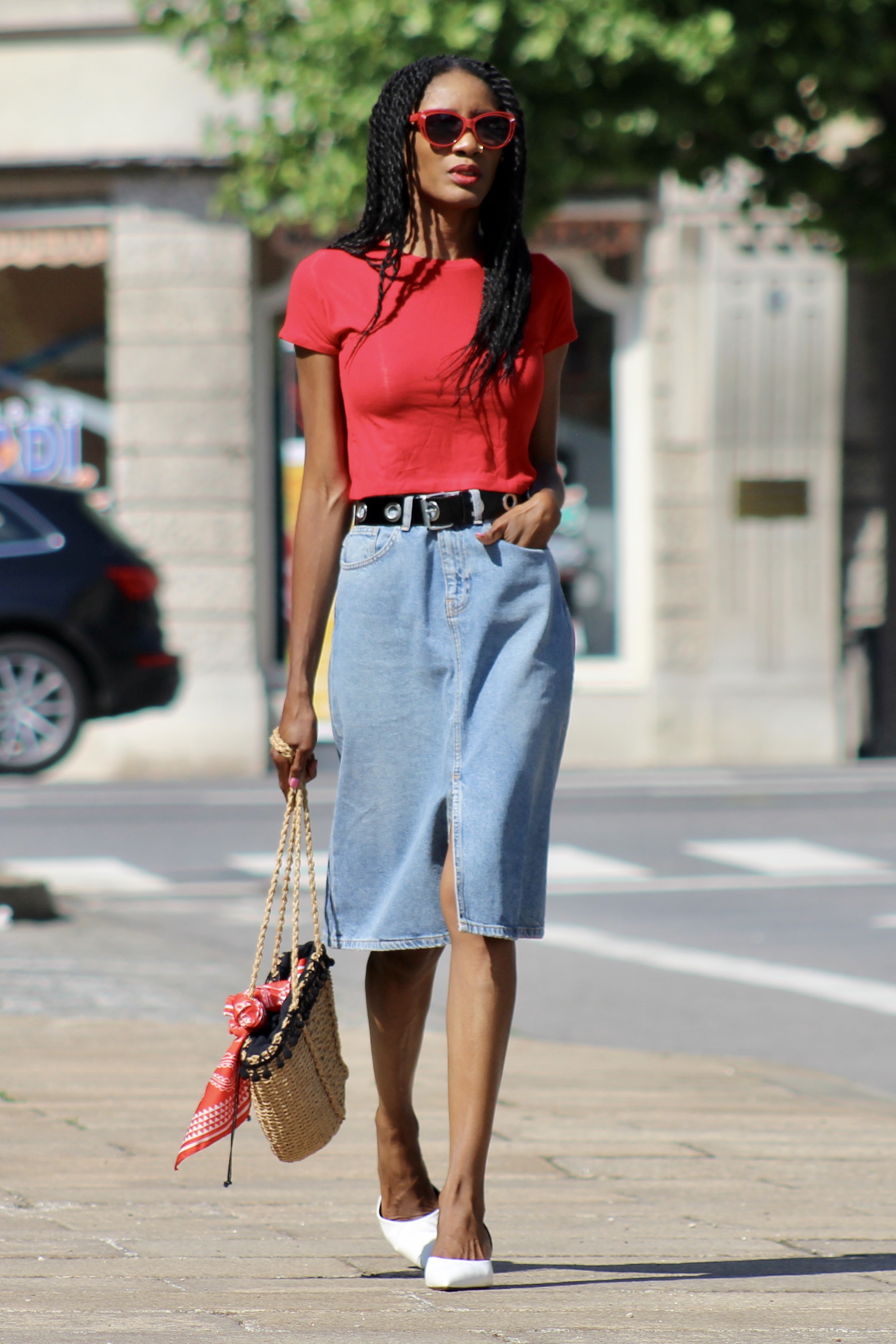 red top and denim skirt