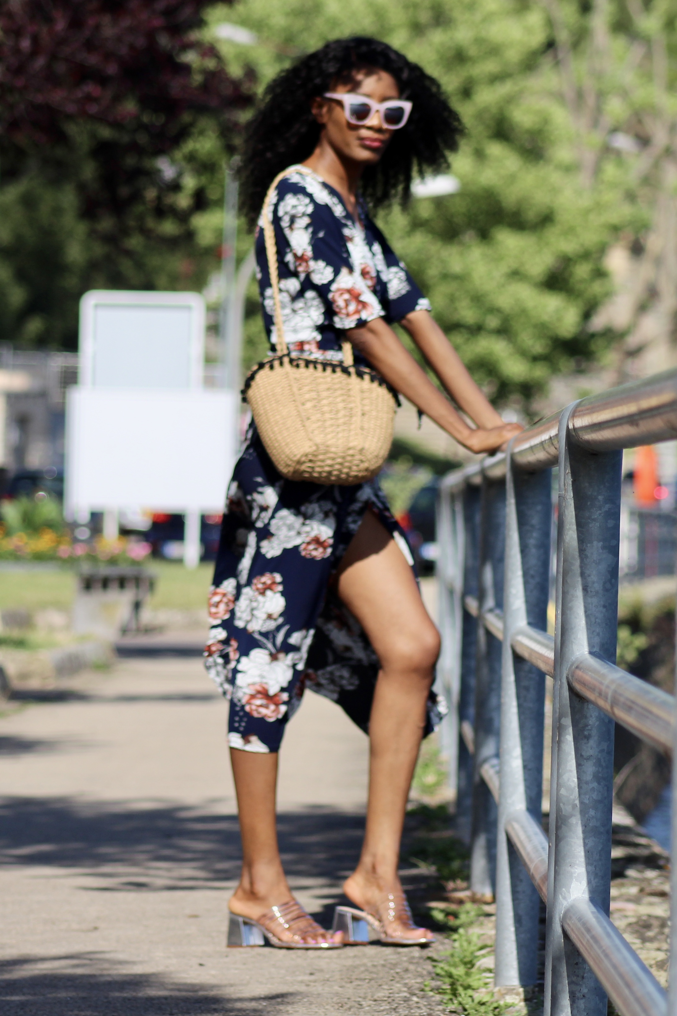 summer outfit floral wrap dress statement sunglasses