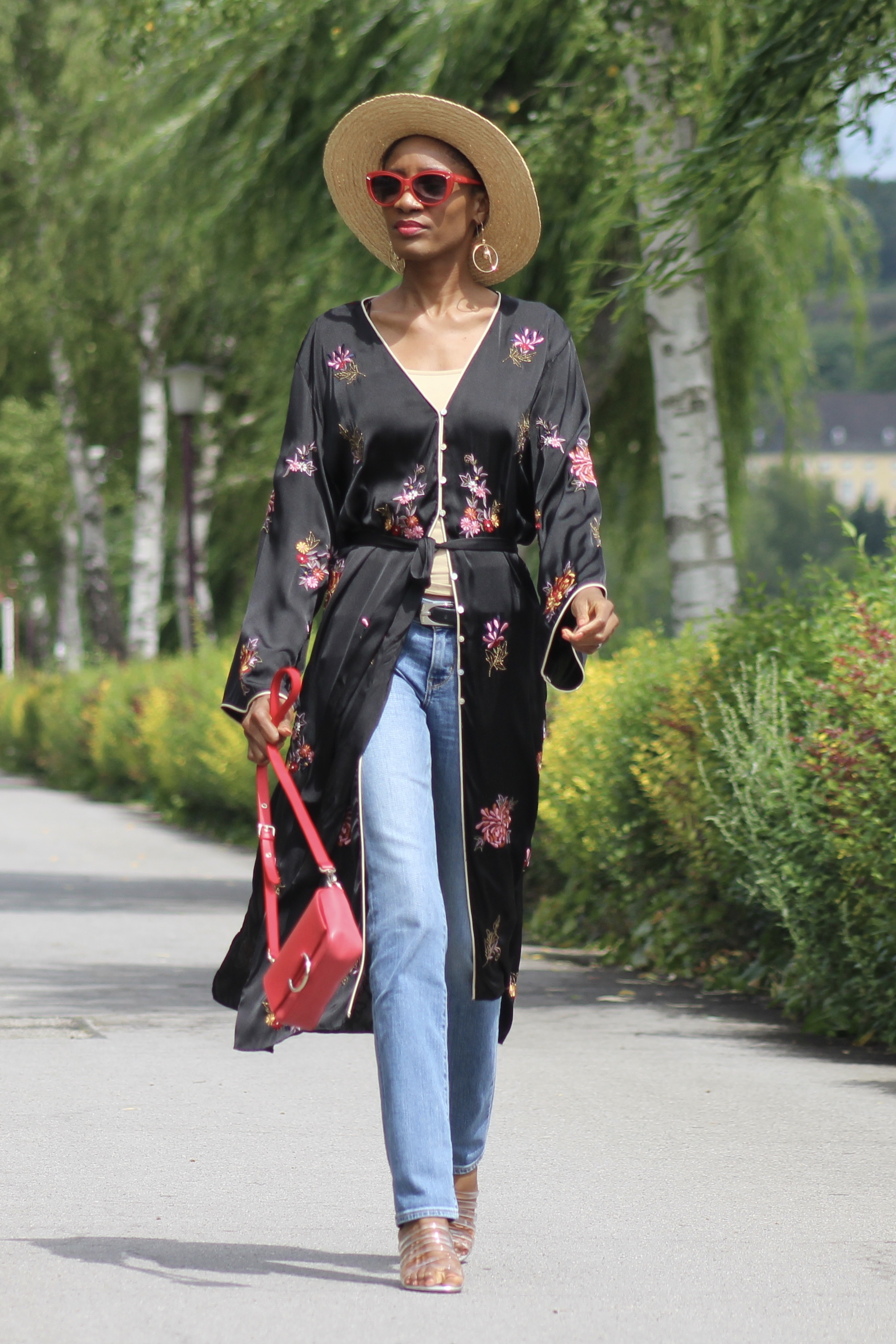 embroidered kimono jeans straw hat sandals