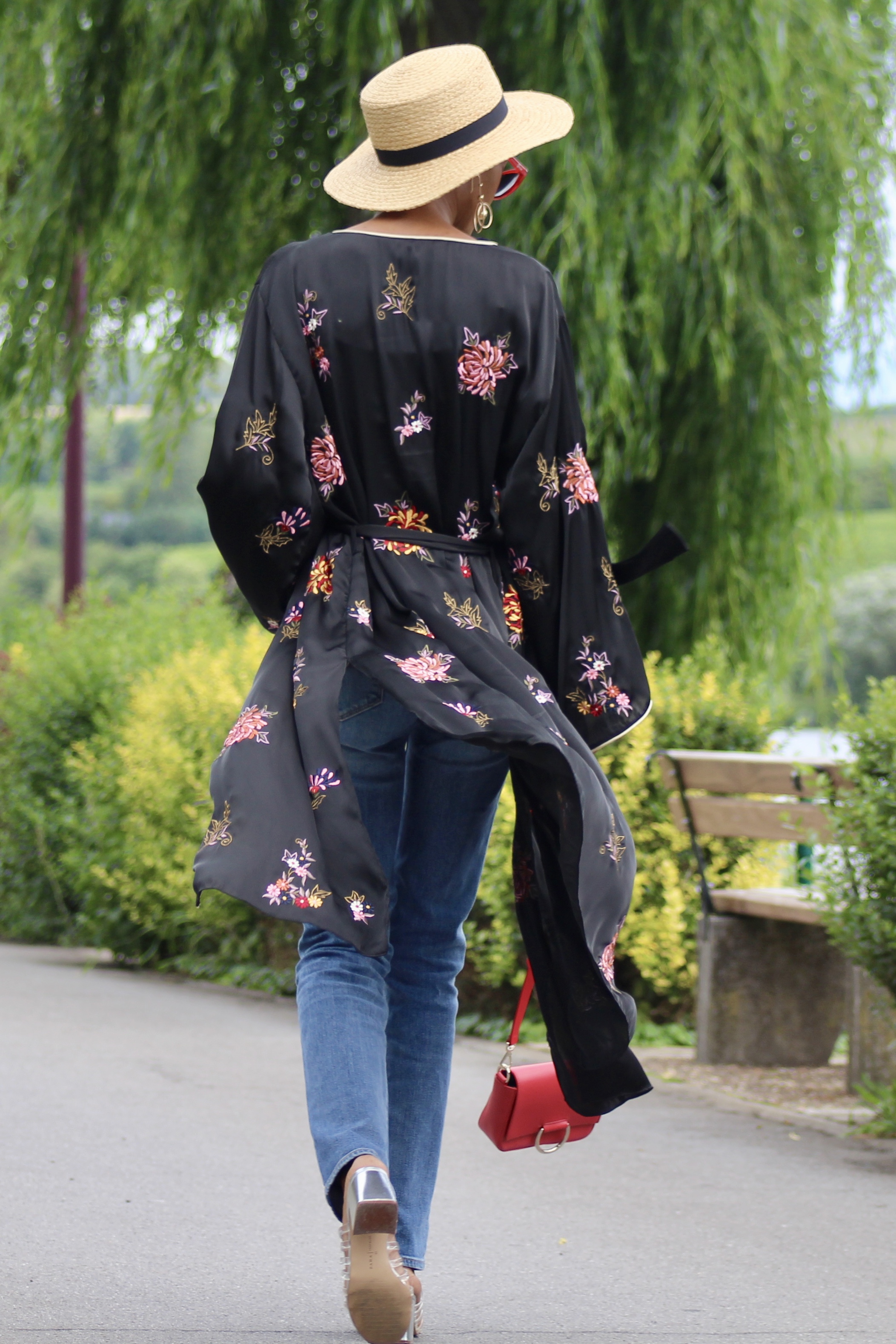embroidered kimono jeans straw hat sandals