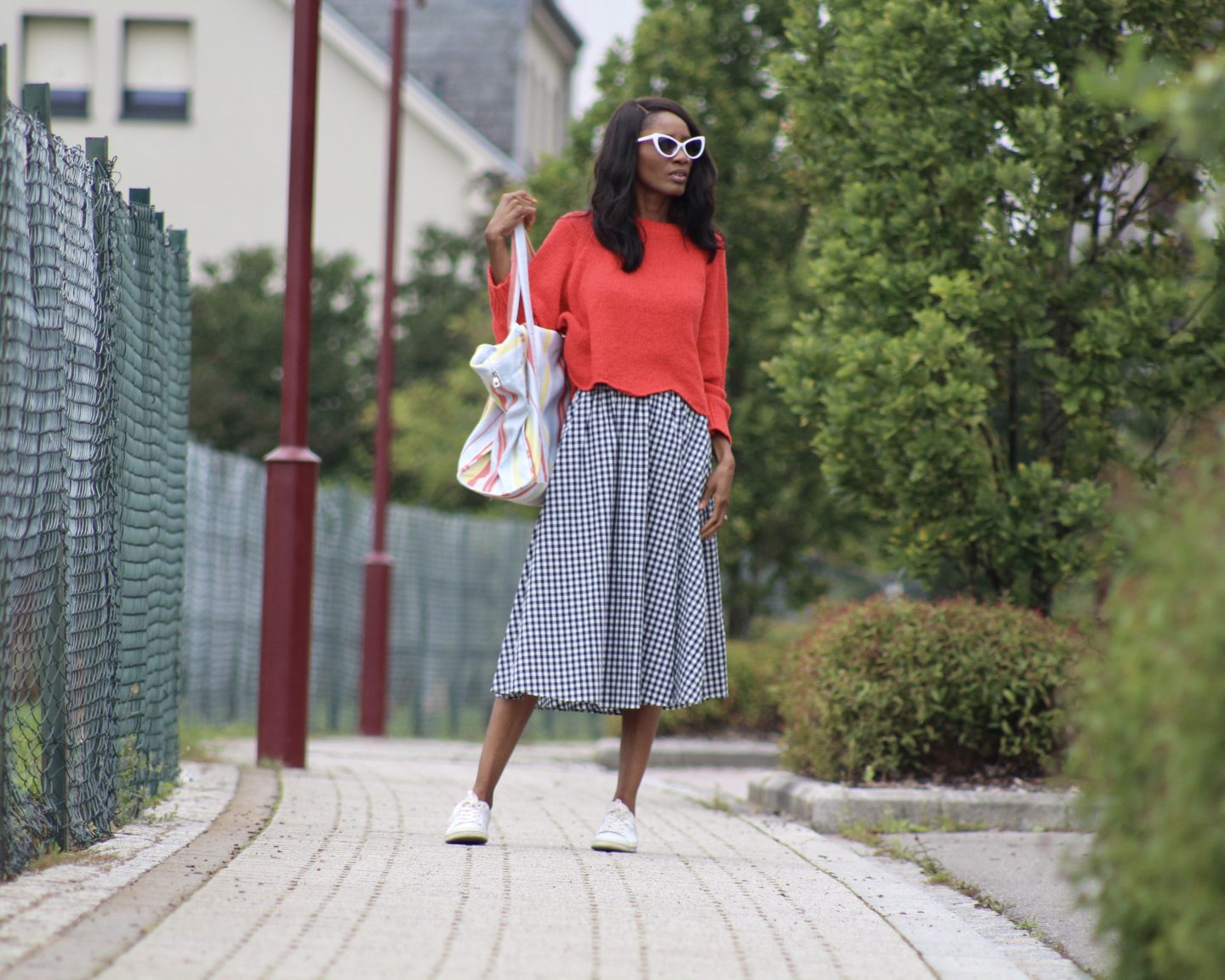 RED JUMPER & GINGHAM SKIRT