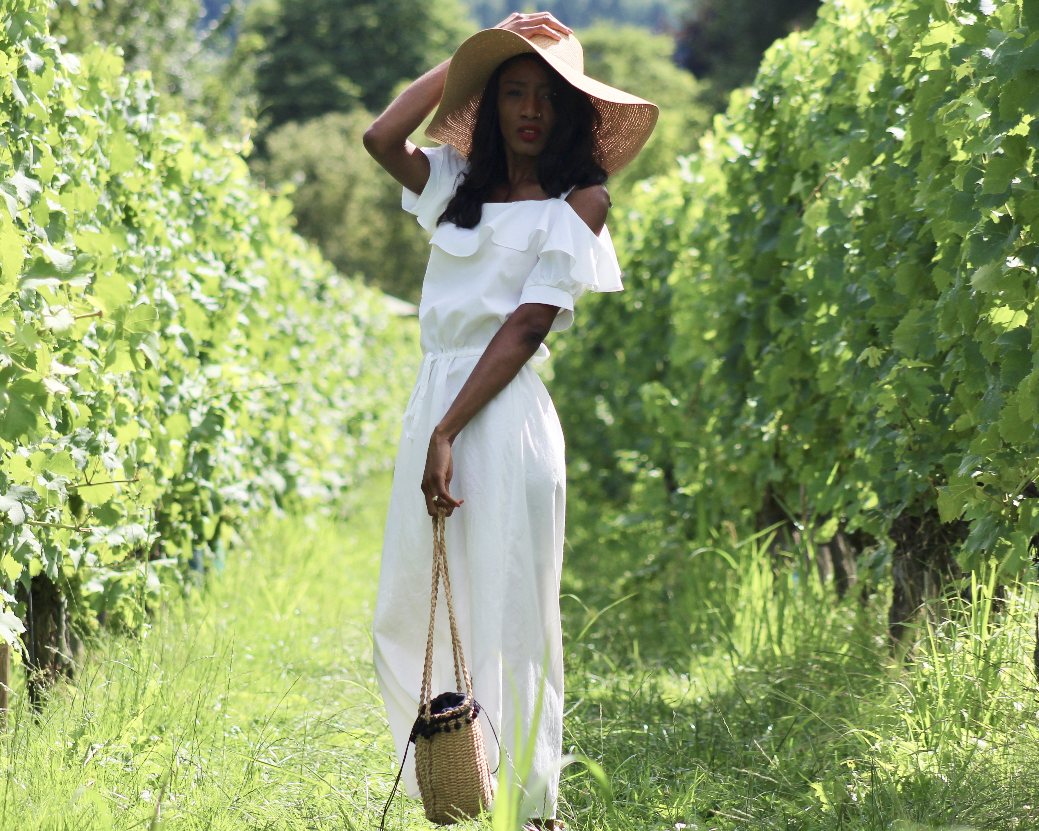 white summer dress floppy hat sandals