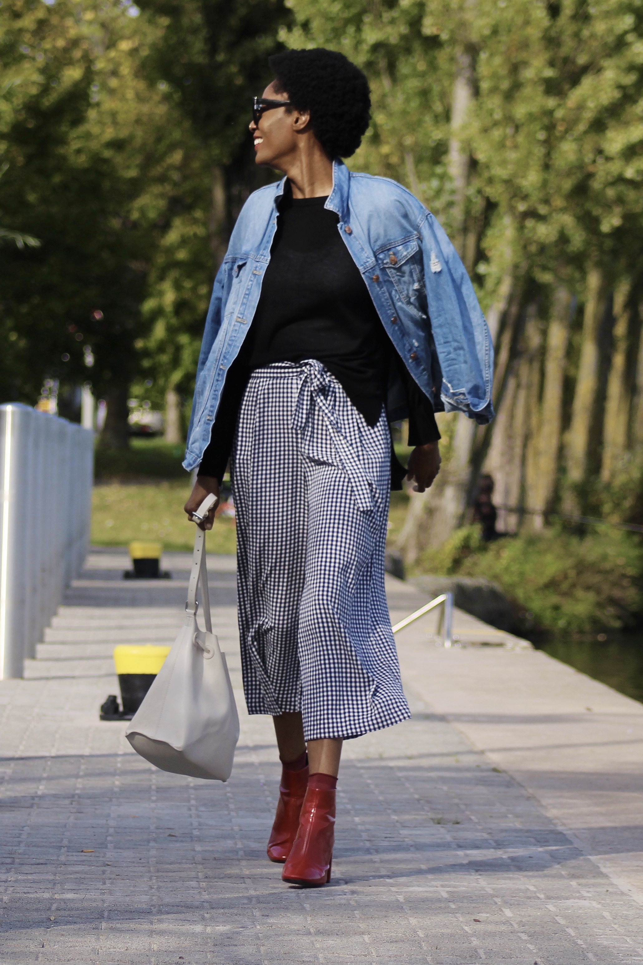 denim jacket gingham trousers red boots