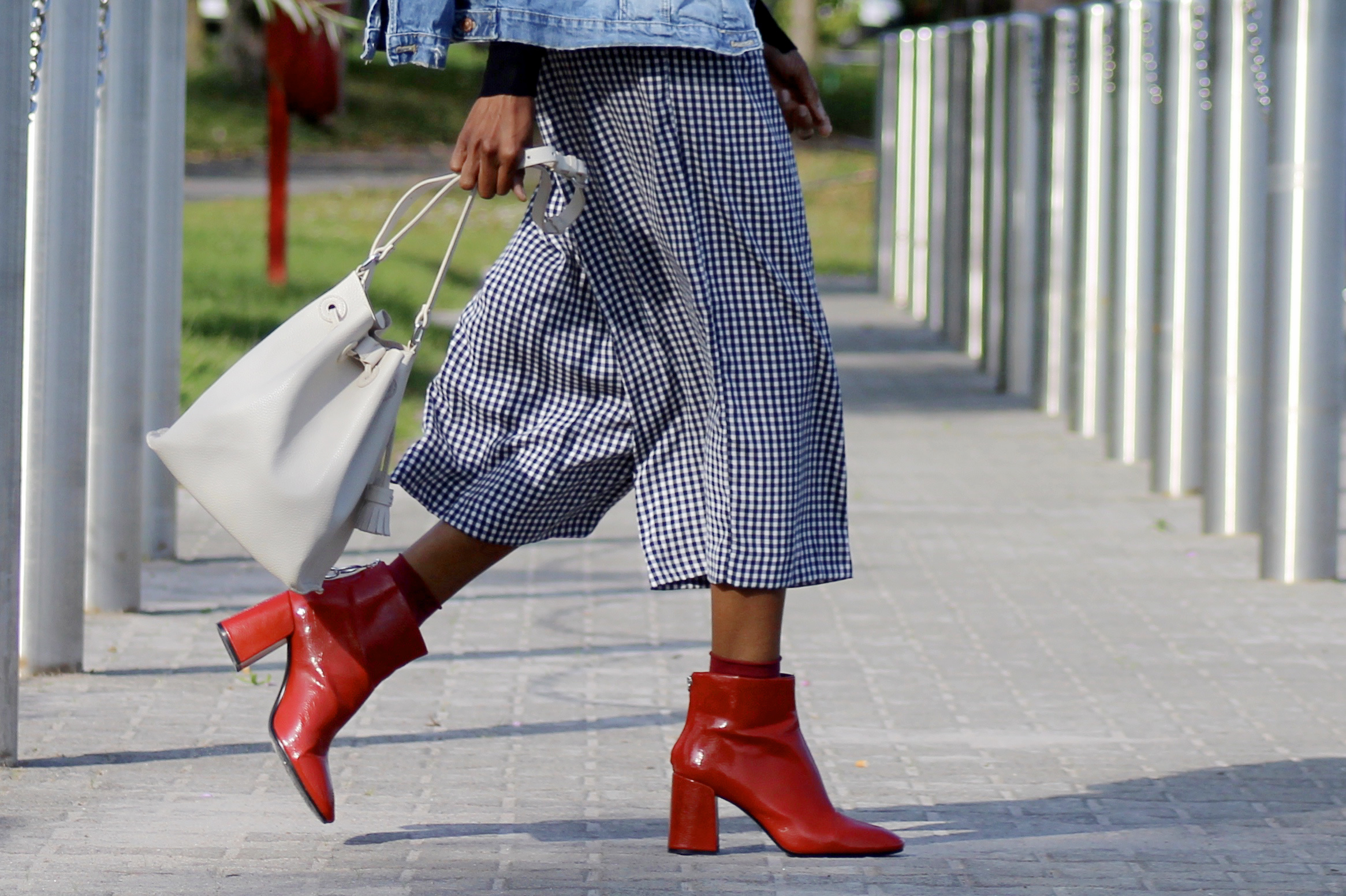 denim jacket gingham trousers red boots