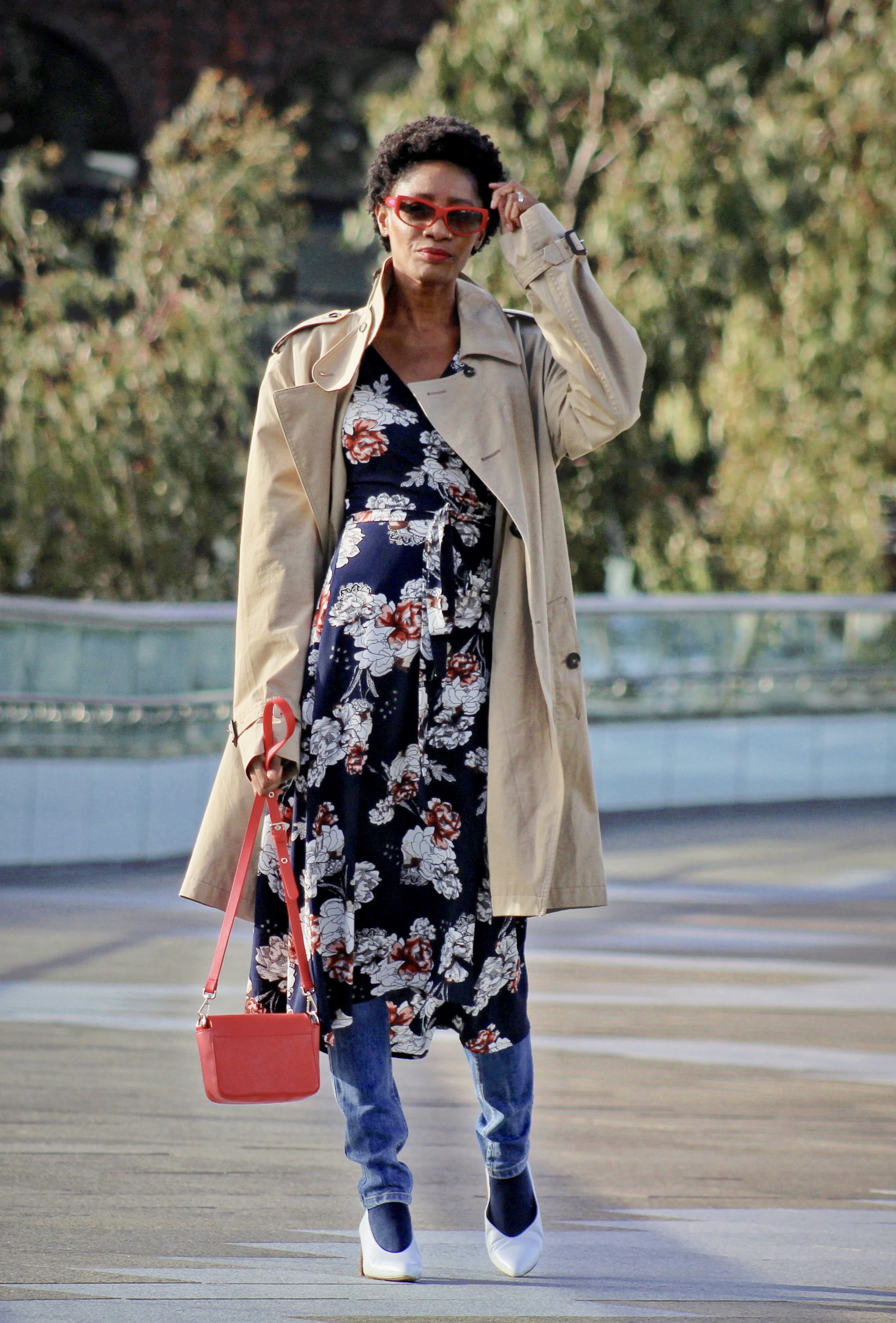 trench coat dress jeans white courts