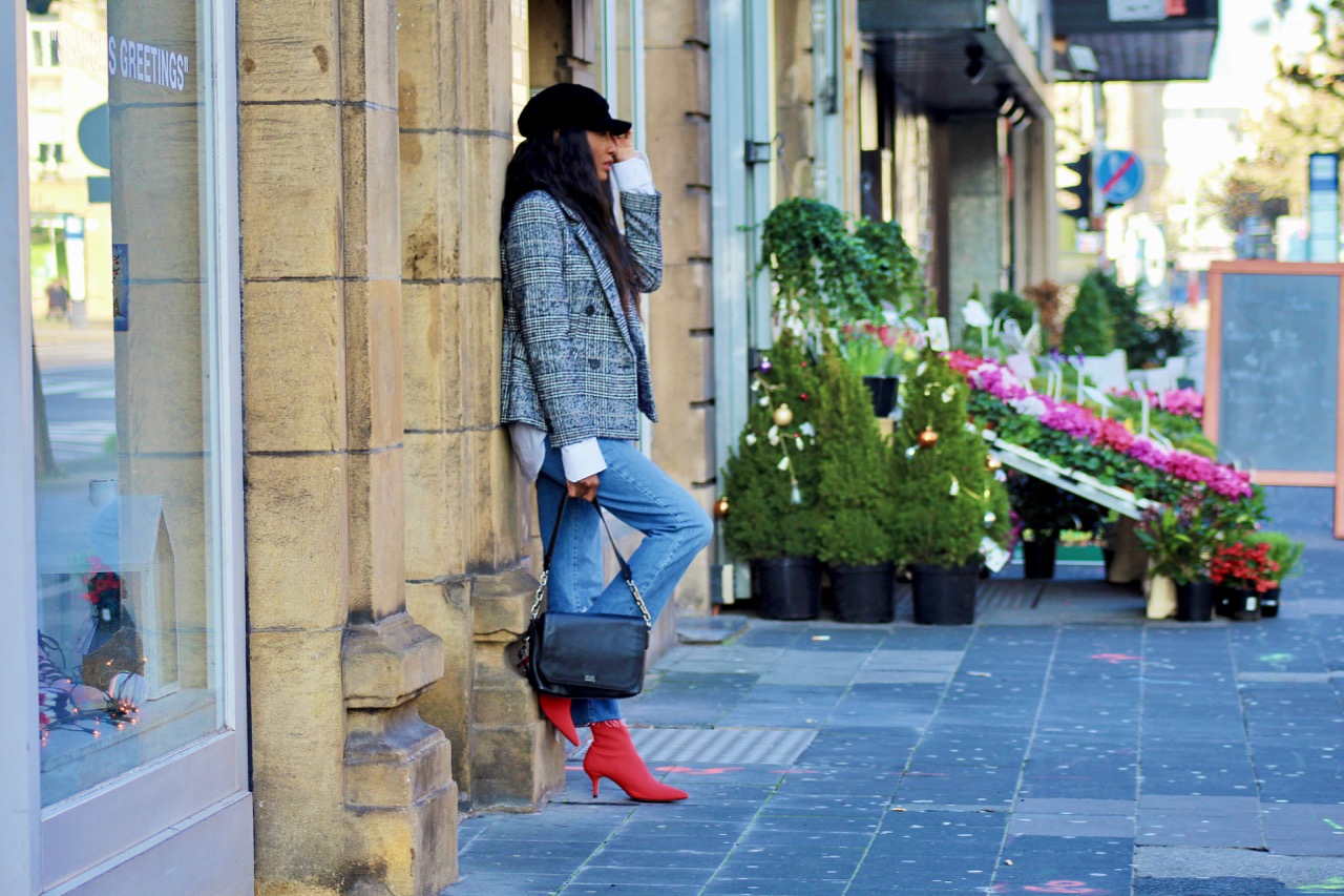 checked blazer red sock boots